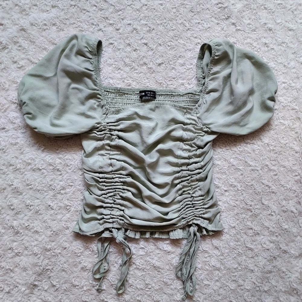 SHEIN Ruched Puff sleeve light green Peasant top XS Festival Fairy Ren Faire